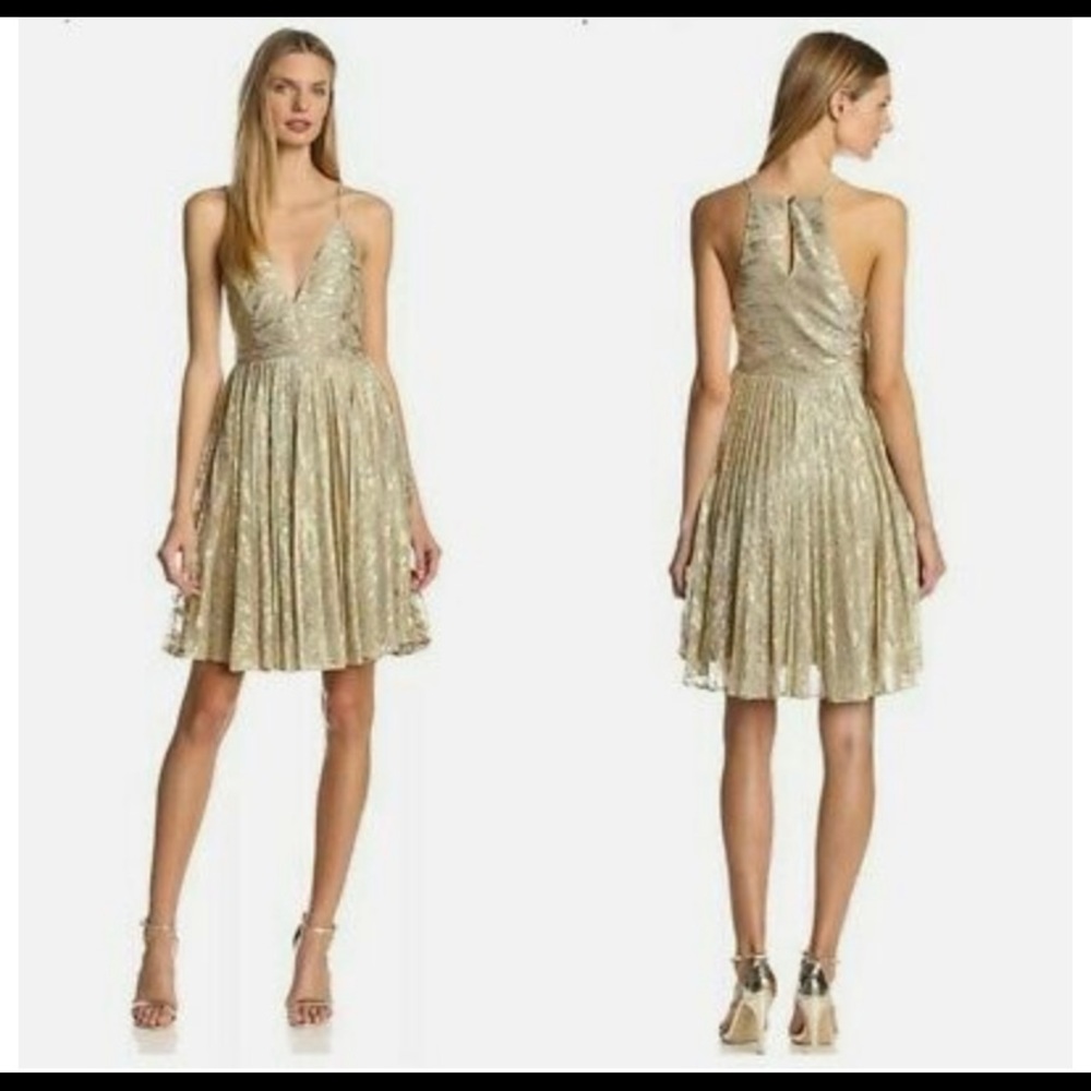 Sam Edelman Gold Metallic V-Neck pleated dress XS